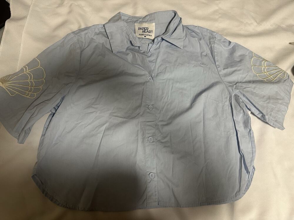 paper heart women's top short sleeve embroidery shell detail medium light blue
